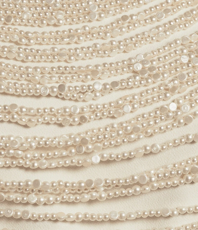 Muse by Marchesa Snowdrop Woven Pearl Rhinestone Mock Neck Sleeveless Fitted Blouse