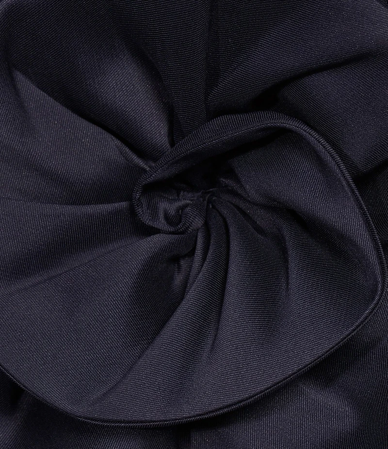 Muse by Marchesa Stretch Mikado 3D Rosette Running Side Ruffle Straight Neck Spaghetti Strap Fit and Flare Gown