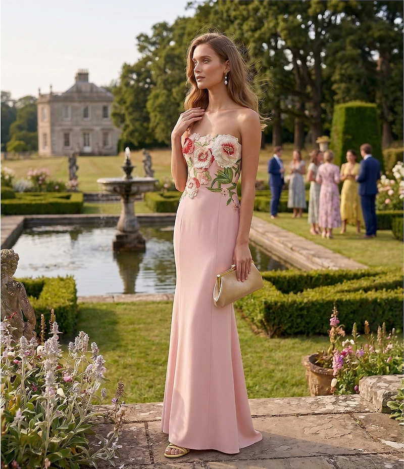 Muse by Marchesa Tiffany Stretch Crepe Floral Applique Strapless Gown