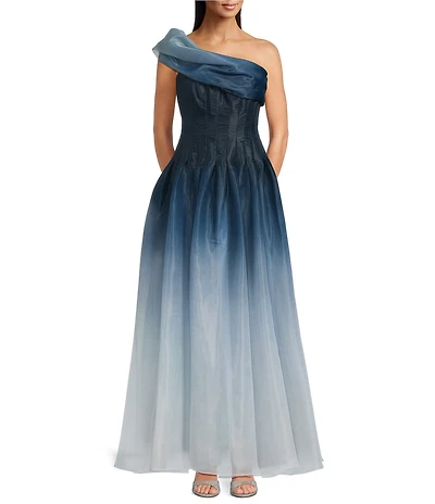 Muse by Marchesa Veronica Ombre Organza One Shoulder Sleeveless Gown