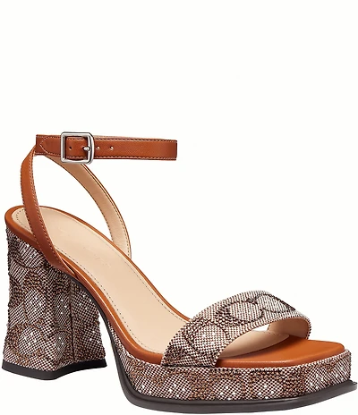 COACH Crystal Signature Jacquard Platform Block Heel Sandals