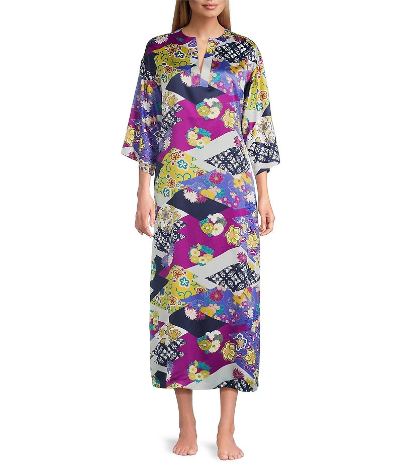 N by Natori Deco Satin Floral Patchwork Print 3/4 Sleeve Mandarin Collar Butterfly Caftan