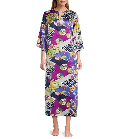 N by Natori Deco Satin Floral Patchwork Print 3/4 Sleeve Mandarin Collar Butterfly Caftan