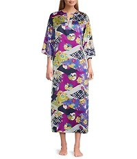 N by Natori Deco Satin Floral Patchwork Print 3/4 Sleeve Mandarin Collar Butterfly Caftan