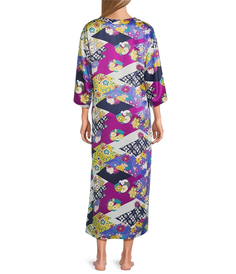 N by Natori Deco Satin Floral Patchwork Print 3/4 Sleeve Mandarin Collar Butterfly Caftan
