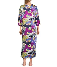 N by Natori Deco Satin Floral Patchwork Print 3/4 Sleeve Mandarin Collar Butterfly Caftan