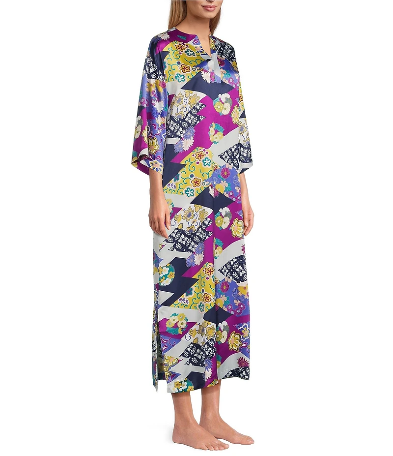 N by Natori Deco Satin Floral Patchwork Print 3/4 Sleeve Mandarin Collar Butterfly Caftan