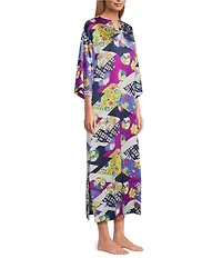 N by Natori Deco Satin Floral Patchwork Print 3/4 Sleeve Mandarin Collar Butterfly Caftan