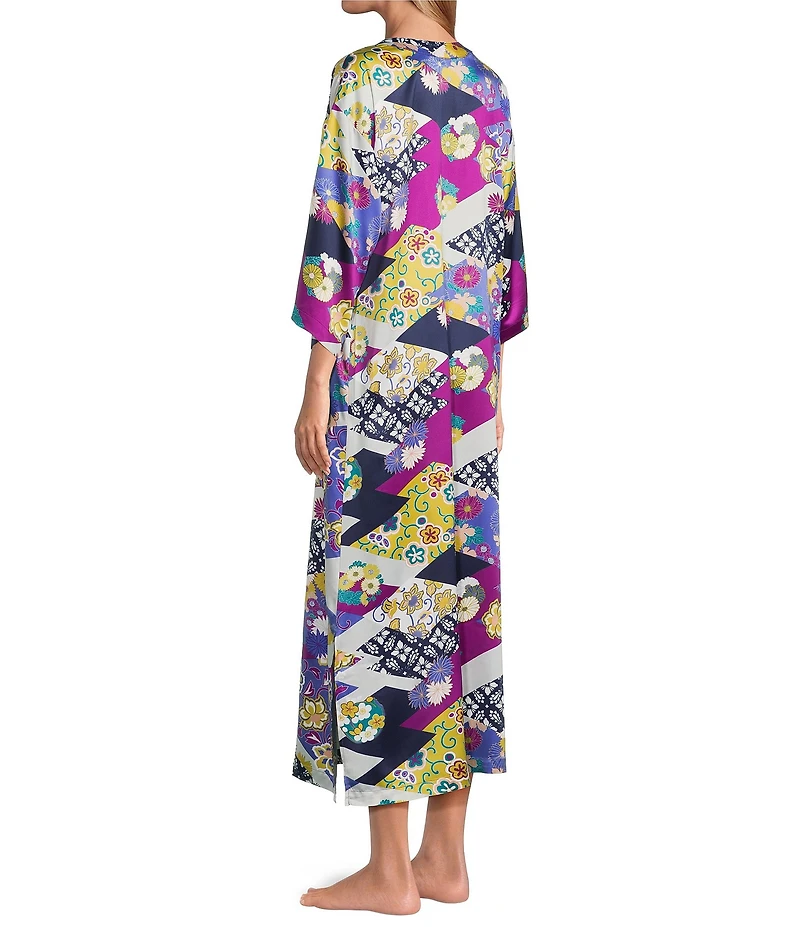 N by Natori Deco Satin Floral Patchwork Print 3/4 Sleeve Mandarin Collar Butterfly Caftan