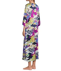 N by Natori Deco Satin Floral Patchwork Print 3/4 Sleeve Mandarin Collar Butterfly Caftan