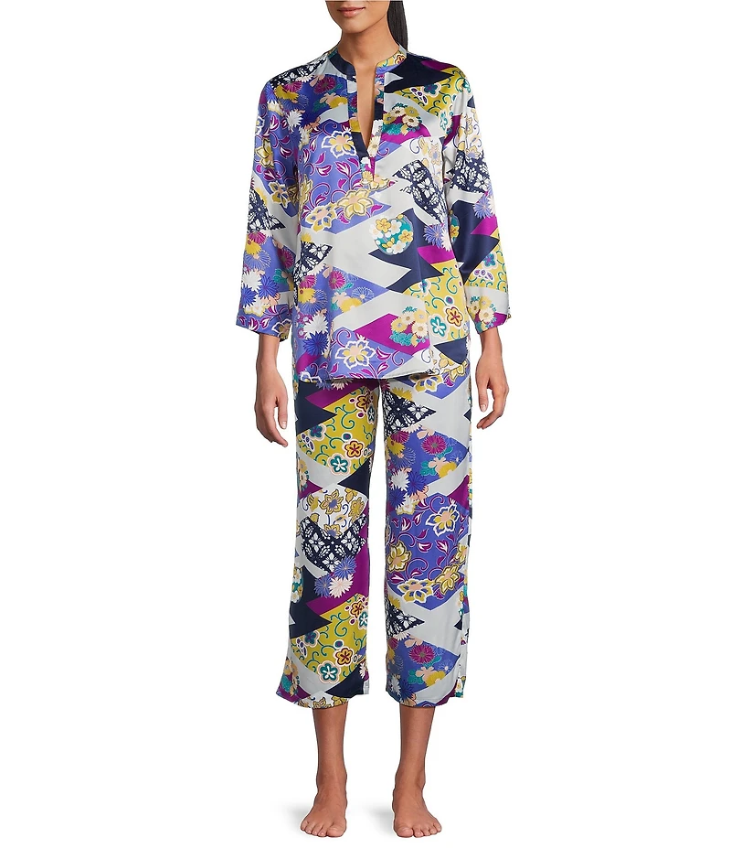 N by Natori Deco Satin Patchwork Floral Print Long Sleeve Mandarin Collar Pajama Set