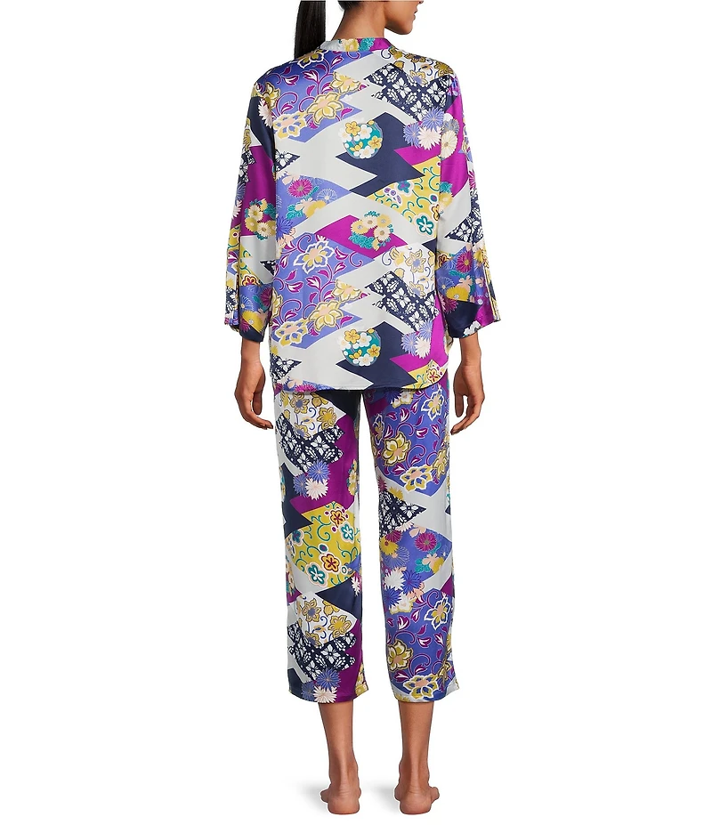 N by Natori Deco Satin Patchwork Floral Print Long Sleeve Mandarin Collar Pajama Set