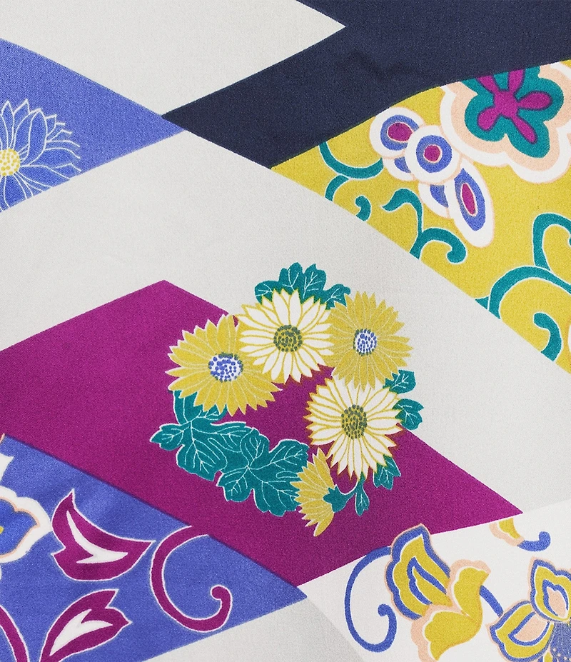 N by Natori Deco Satin Patchwork Floral Print Long Sleeve Mandarin Collar Pajama Set