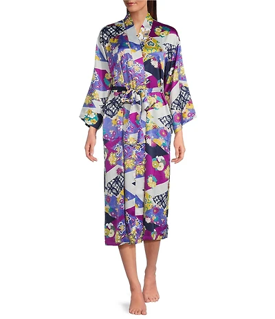 N by Natori Deco Satin Patchwork Floral Print Long Sleeve Shawl Collar Coordinating Robe