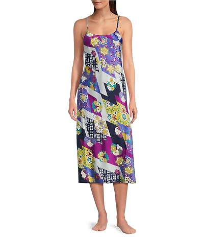 N by Natori Deco Sleeveless Scoop Neck Satin Patchwork Floral Print Coordinating Nightgown