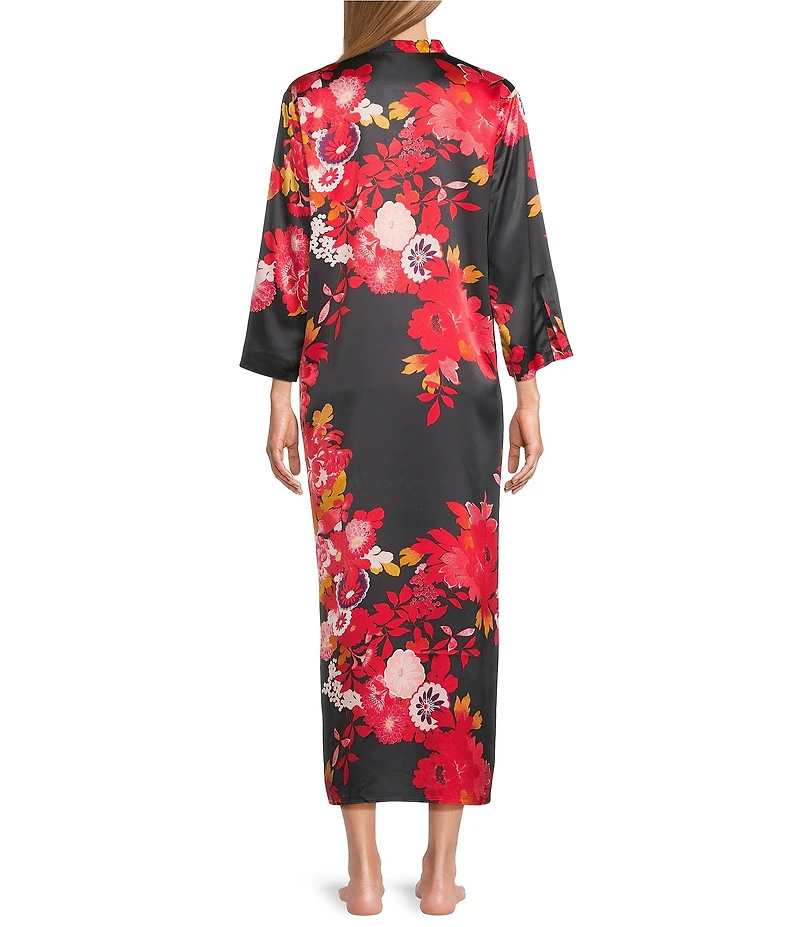 N by Natori Empress Satin Floral Print 3/4 Sleeve Mandarin Collar Caftan