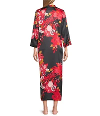 N by Natori Empress Satin Floral Print 3/4 Sleeve Mandarin Collar Caftan