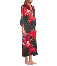 N by Natori Empress Satin Floral Print 3/4 Sleeve Mandarin Collar Caftan