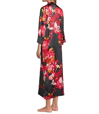 N by Natori Empress Satin Floral Print 3/4 Sleeve Mandarin Collar Caftan