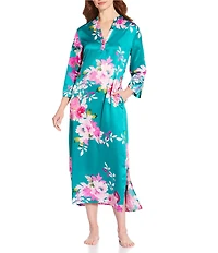 N by Natori Empress Satin Floral Print 3/4 Sleeve Mandarin Collar Caftan