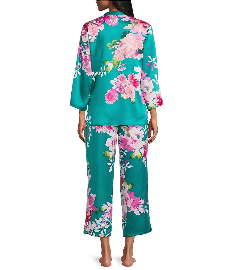 N by Natori Empress Satin Floral Print Long Sleeve Mandarin Collar Long Pajama Set