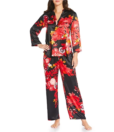 N by Natori Empress Satin Floral Print Long Sleeve Mandarin Collar Long Pajama Set