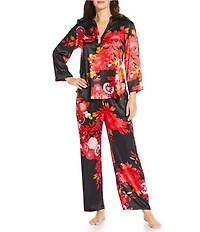 N by Natori Empress Satin Floral Print Long Sleeve Mandarin Collar Long Pajama Set
