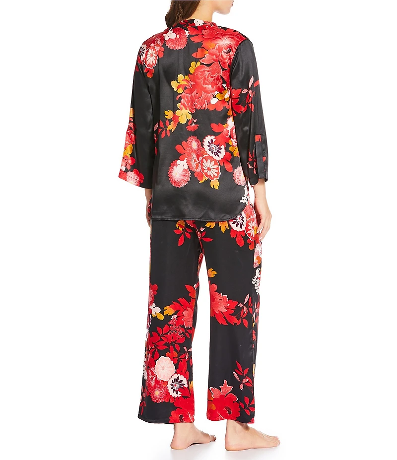 N by Natori Empress Satin Floral Print Long Sleeve Mandarin Collar Long Pajama Set