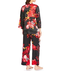 N by Natori Empress Satin Floral Print Long Sleeve Mandarin Collar Long Pajama Set