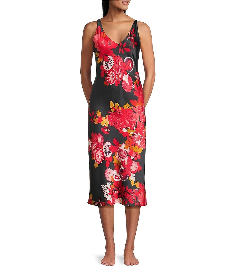 N by Natori Empress Sleeveless V-Neck Satin Floral Print Coordinating Nightgown