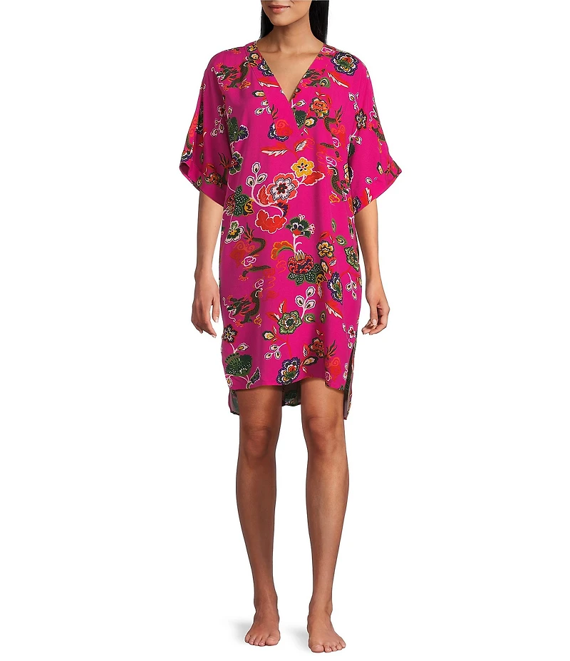 N By Natori Fleur Dragon 3/4 Sleeve V-Neck Woven Challis Sleepshirt