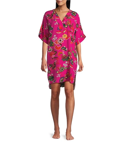 N By Natori Fleur Dragon 3/4 Sleeve V-Neck Woven Challis Sleepshirt