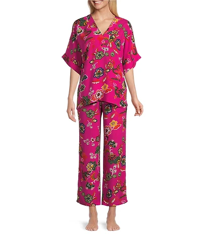 N By Natori Fleur Dragon Short Sleeve V-Neck Woven Challis Pajama Set