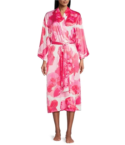 N by Natori Floria Floral Print Long Sleeve Shawl Collar Satin Coordinating Robe