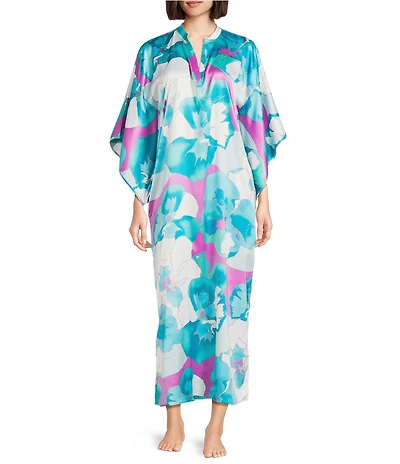 N by Natori Floria Satin Floral Print 3/4 Sleeve Mandarin Collar Caftan