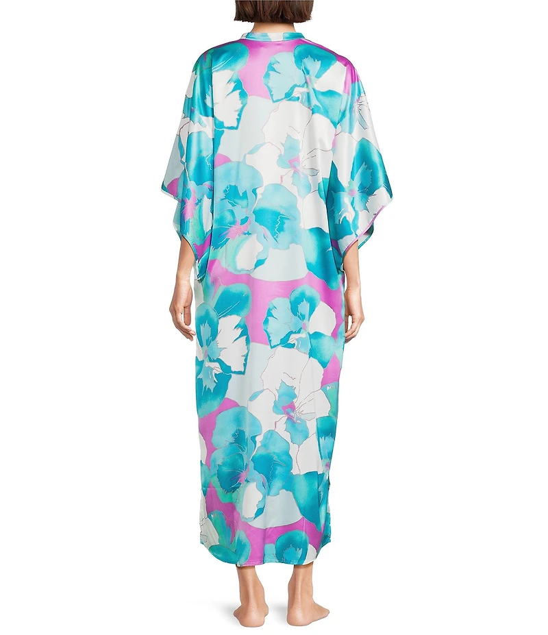 N by Natori Floria Satin Floral Print 3/4 Sleeve Mandarin Collar Caftan