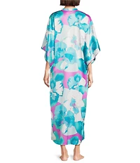 N by Natori Floria Satin Floral Print 3/4 Sleeve Mandarin Collar Caftan