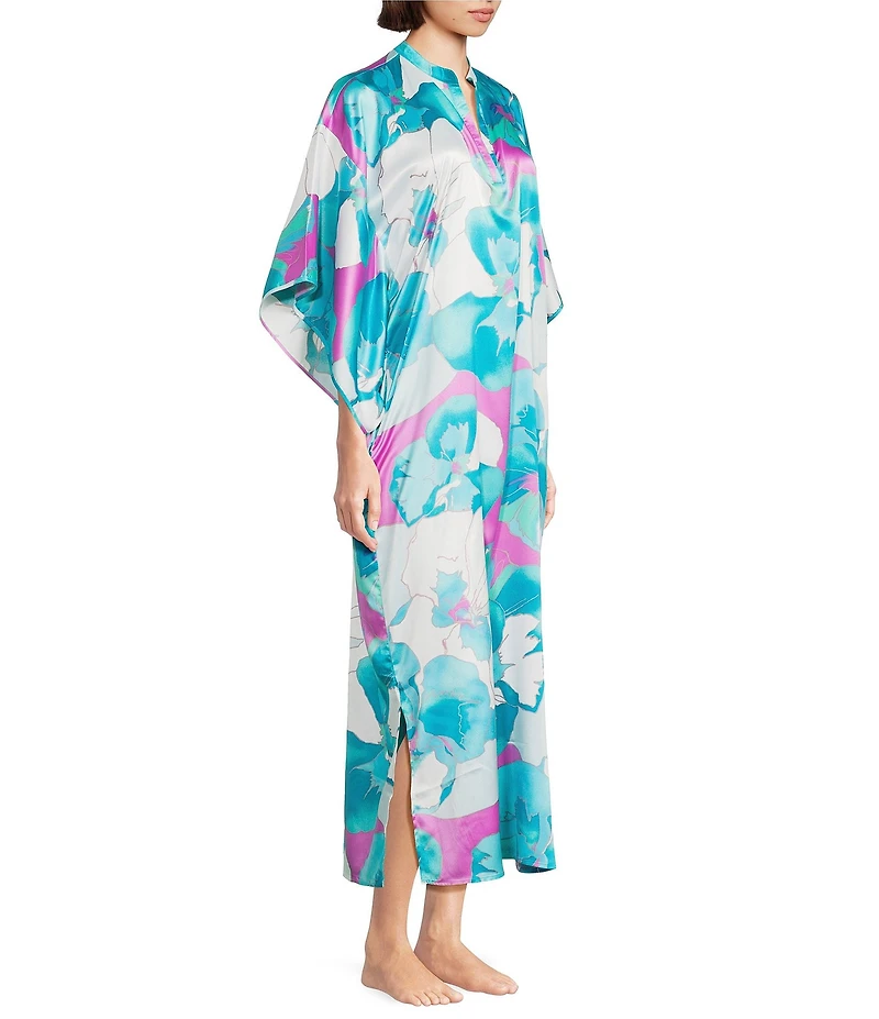 N by Natori Floria Satin Floral Print 3/4 Sleeve Mandarin Collar Caftan