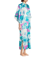 N by Natori Floria Satin Floral Print 3/4 Sleeve Mandarin Collar Caftan
