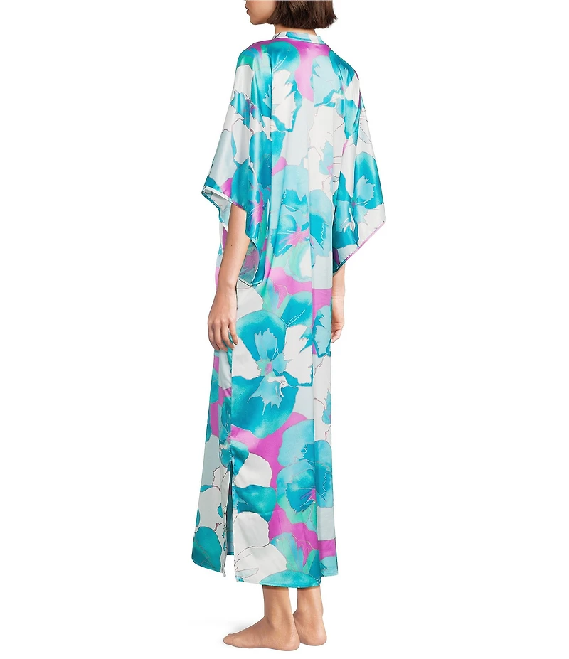 N by Natori Floria Satin Floral Print 3/4 Sleeve Mandarin Collar Caftan