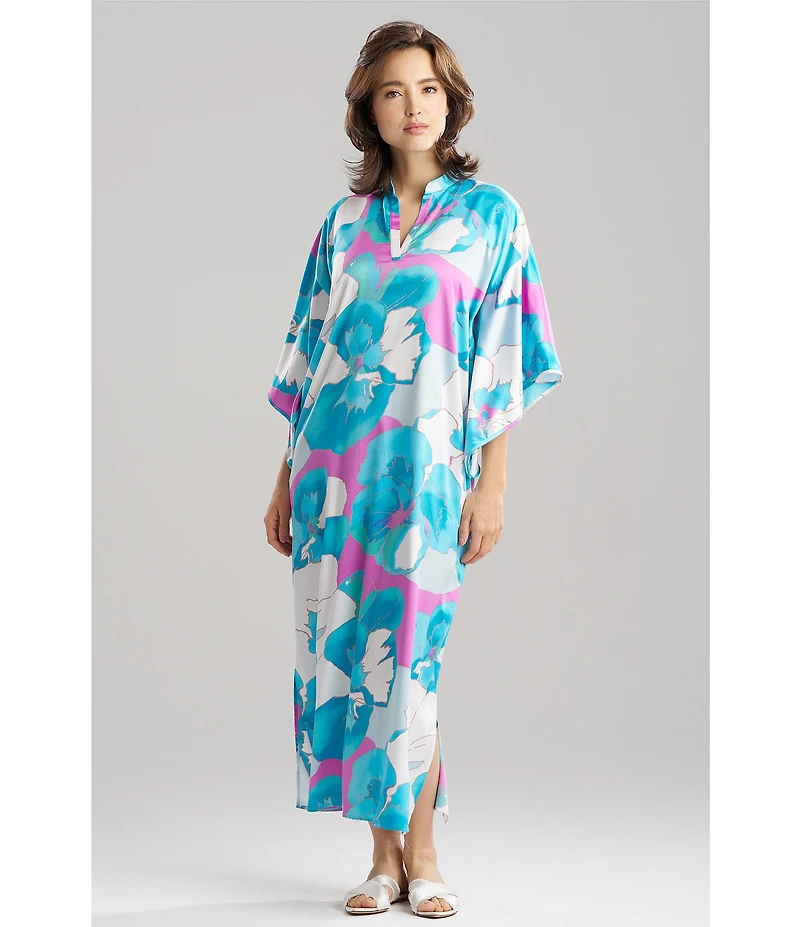 N by Natori Floria Satin Floral Print 3/4 Sleeve Mandarin Collar Caftan