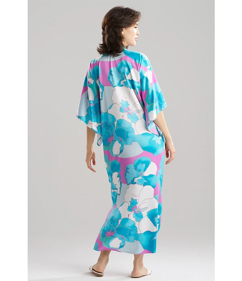 N by Natori Floria Satin Floral Print 3/4 Sleeve Mandarin Collar Caftan