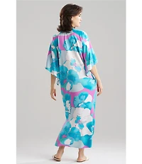 N by Natori Floria Satin Floral Print 3/4 Sleeve Mandarin Collar Caftan