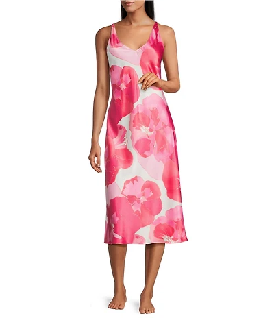 N by Natori Floria Sleeveless V-Neck Satin Floral Print Coordinating Nightgown