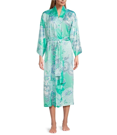 N by Natori Flourish Floral Print Long Sleeve Shawl Collar Satin Coordinating Robe