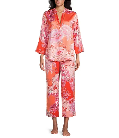 N by Natori Flourish Floral Satin Long Sleeve Mandarin Collar Long Pajama Set