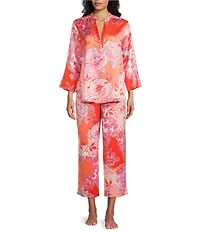 N by Natori Flourish Floral Satin Long Sleeve Mandarin Collar Long Pajama Set