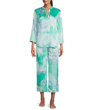 N by Natori Flourish Floral Satin Long Sleeve Mandarin Collar Long Pajama Set