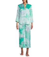 N by Natori Flourish Floral Satin Long Sleeve Mandarin Collar Long Pajama Set