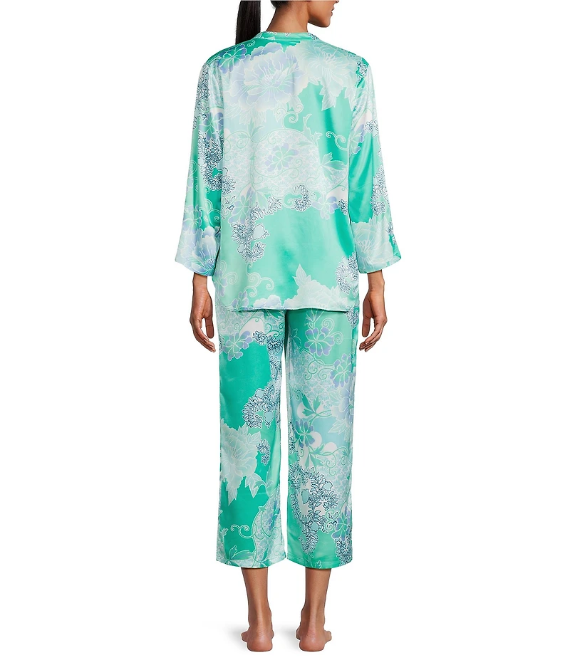 N by Natori Flourish Floral Satin Long Sleeve Mandarin Collar Long Pajama Set